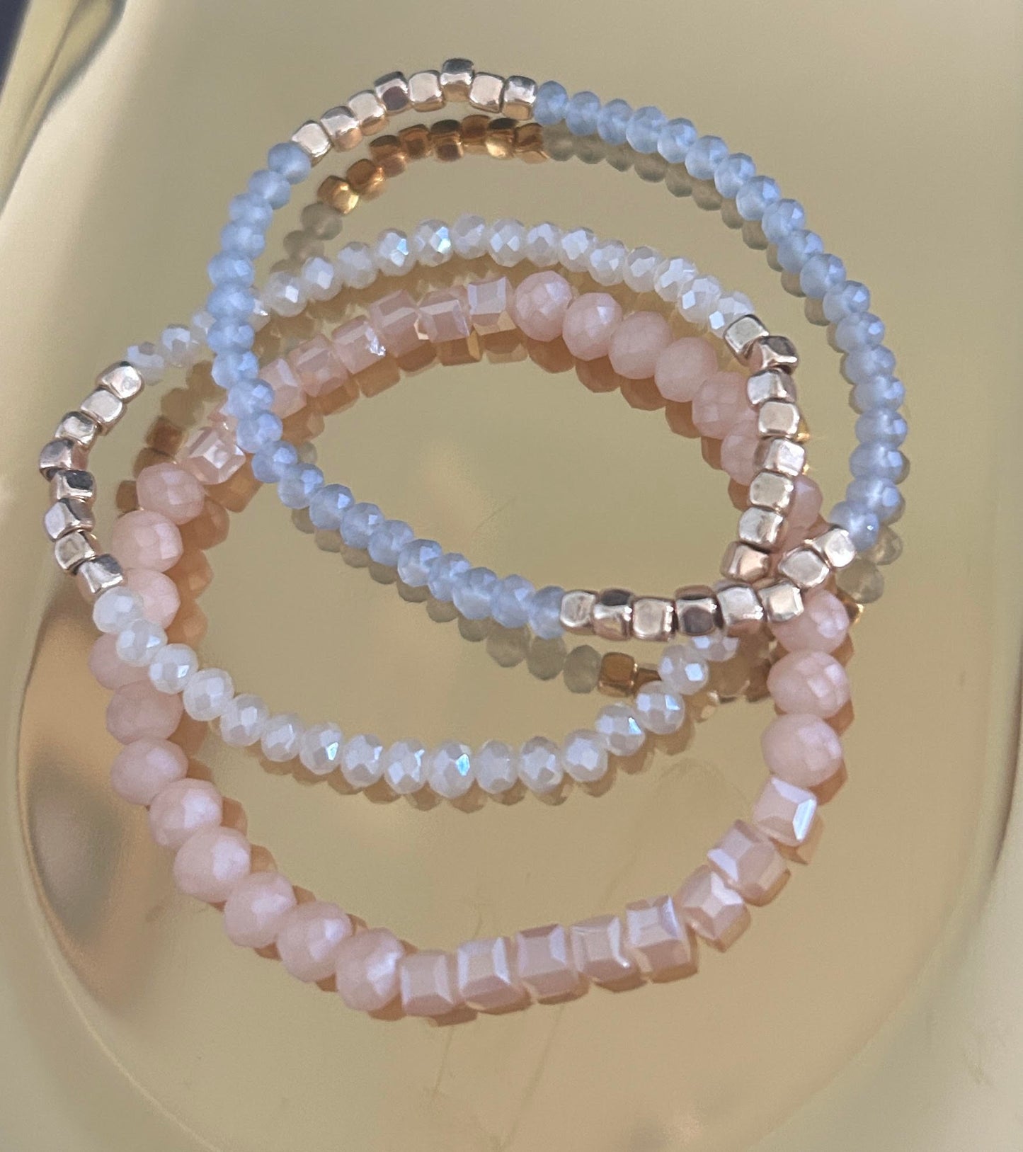 Peach Sparkle, Ivory & Gold Colored, and Pale Blue & Gold Bracelet Set
