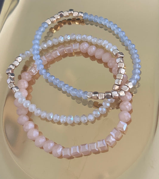Peach Sparkle, Ivory & Gold Colored, and Pale Blue & Gold Bracelet Set